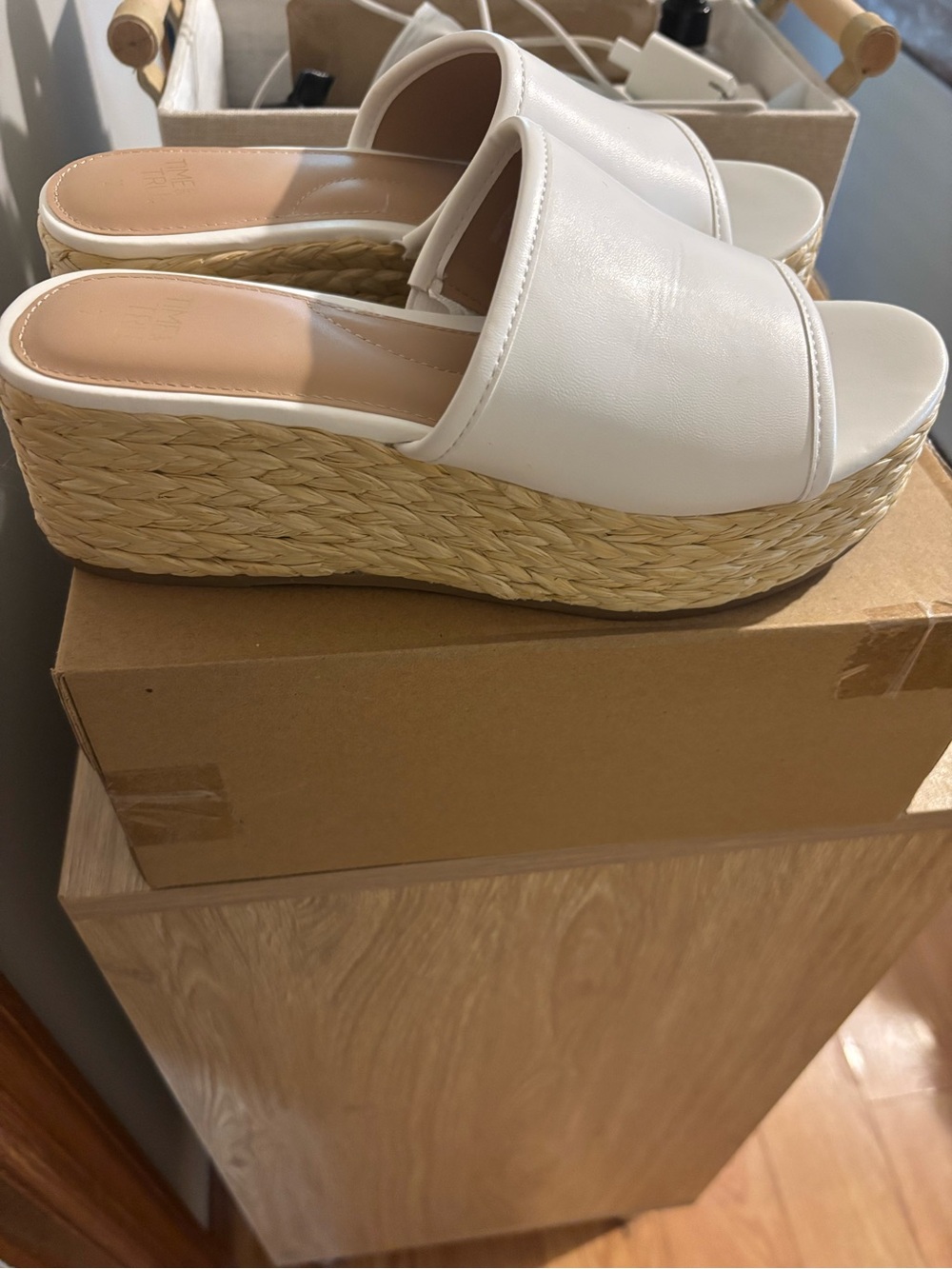 Time and Tru White Slide Platform Sandals with Woven Espadrille Wedge